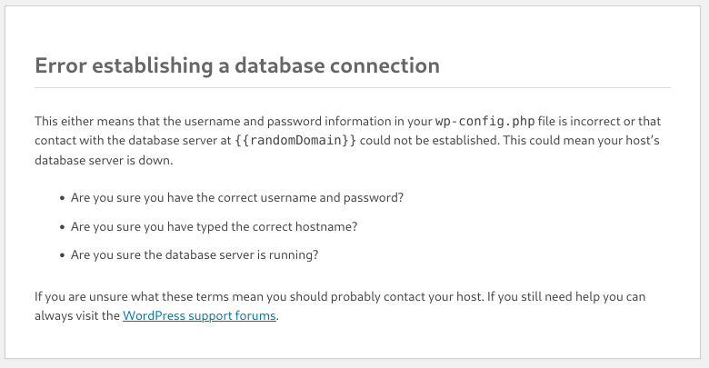 WordPress error messaging stating it cannot establish a connection to the database.